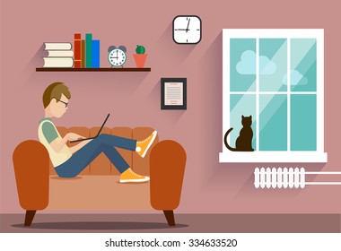 person at the computer in a house situation an illustration