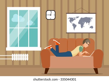 person at the computer in a house situation an illustration