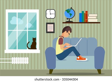 person at the computer in a house situation an illustration