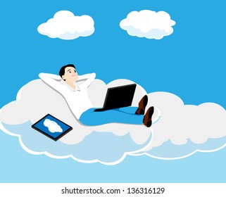 the person with the computer lies on a cloud