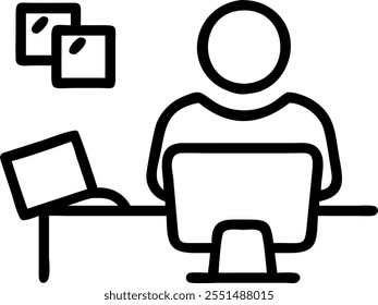 Person with Computer and Office Supplies for IT Service concept as A person using a computer with office supplies around set against a blank background providing space for text or