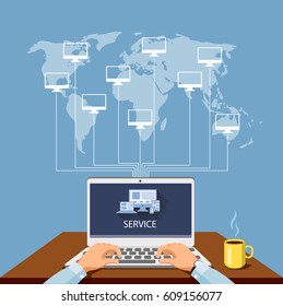 Person at the computer, service of the computer equipment of program support, vectorial illustration.