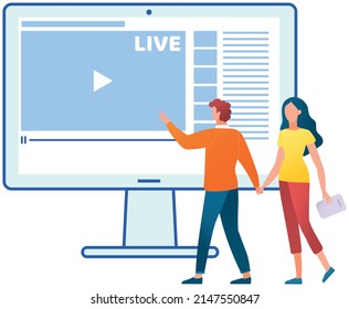 Person with computer turns on player to view lesson. Man using website for watching video or training courses. Male character selects online tutorial. Educational broadcast class on monitor