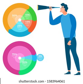Person conducting business research vector, man with charts and information on screen. Visual representation of info data, message sign and cogwheel. Businessman using telescope for data analysis