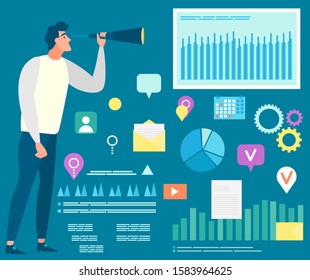 Person conducting business research vector, man with charts and information on screen. Visual representation of info data, message sign and cogwheel