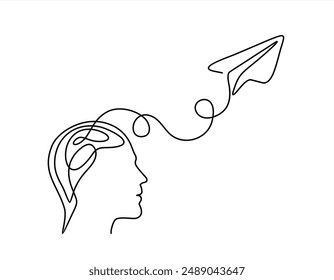 Person with confused feelings in one continuous line drawing. Men head profile who worried about mental health and paper plane in simple linear style. Doodle vector illustration