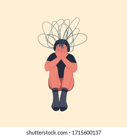 Person with confused minds. Mental health or disorder concept. Illness, phobia, impairment, psychiatric or psychological problem. Cartoon style. Flat design. Hand drawn colored Vector illustration