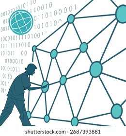 Persona Que Conecta Nodos En Red Digital Con Código Binario