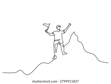 Person conqueror standing on mountain peak, raising hands and flag, celebrating success, victory, achievement, and challenge