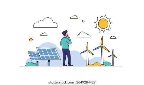 Person contemplates future of sustainable energy sources including solar panels and wind turbines powering a green planet