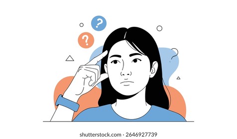 Person contemplating a difficult problem with confusion and thought bubbles showing question marks