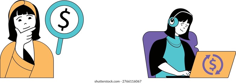 A person contemplating money while another enjoys online earnings with headphones and laptop