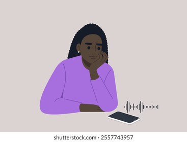 A person with a contemplative expression rests their chin on their hand while listening to a voice message from their smartphone, embodying connection and modern communication