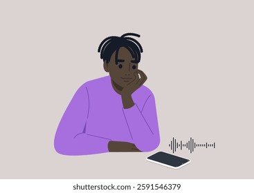 A person with a contemplative expression rests their chin on their hand while listening to a voice message from their smartphone, embodying connection and modern communication