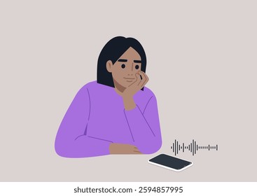 A person with a contemplative expression rests their chin on their hand while listening to a voice message from their smartphone, embodying connection and modern communication