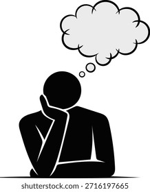 Persona en pose contemplativa con burbuja mental que representa pensamientos e ideas. Representa pensamiento, contemplación y procesos creativos