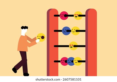 Person controlling emotions in abacus structure, mental health conceptual illustration