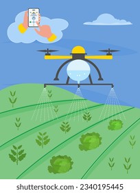 Die Person kontrolliert landwirtschaftliche Drohnenfliege zum Spritzen von Düngewasser oder Holmon auf dem Feld. Vektorgrafik Intelligente Agrarkrobotik. Landwirtschaftliche Technologie. Betriebsautomatisierung. Pflege der Kultur