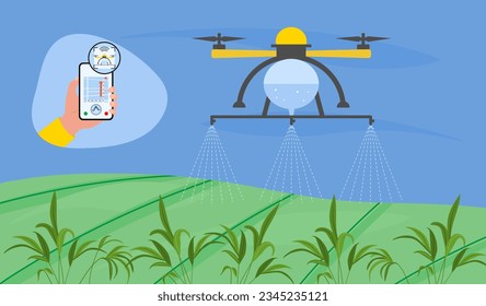 Person controls agricultural drone fly to spray fertilizer water or holmone on field. Vector illustration Smart farming robotics. Agriculture technology. Farm automation. Taking care of the crop