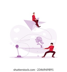 A person controls the buttons for a paper airplane that a businessman rides on. New startup launch, business ideas, creativity. Trend Modern vector flat illustration