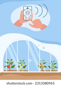 Person controls smart agricultural greenhouse system by digital device Vector illustration. Hydroponics, aeroponics process of growing plants Smart garden beds Farming robotics technology