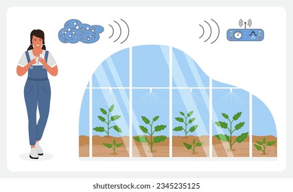 Person controls smart agricultural greenhouse system by digital device Vector illustration. Hydroponics, aeroponics process of growing plants Smart garden beds Farming robotics technology