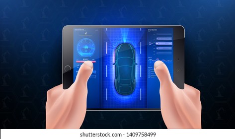 A person controls a smart machine through a tablet. Smart or intelligent car vector concept. Futuristic automotive technology with autonomous driving, driverless cars.Internet technology. HUD, UI, GUI