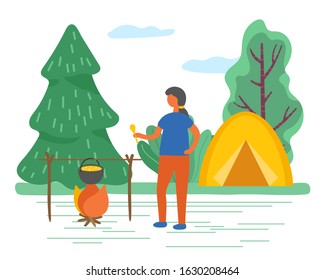 Person cooking in bowl on bonfire standing near tent near green trees. Camping and hiking male resting in forest outdoor. Summer vacation of man character traveling in forest landscape vector