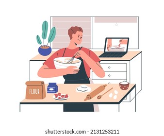 Person cooking food at home, watching culinary courses online at laptop. Man in apron at kitchen looking remote lesson on bakery via internet. Flat vector illustration isolated on white background