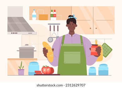 Cocina personal en ilustración vectorial de cocina. Hombre de caricatura sosteniendo pan y frasco para cocinar la cena o el almuerzo, feliz chef varón en delantal preparando ingredientes, parado en mesa con verduras picadas
