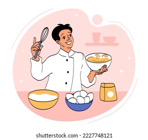 Person cooks concept. Man with mixer and plates with eggs prepares pie or other pastries. Professional at work, young guy in kitchen. Cafe or restaurant worker, chef. Cartoon flat vector illustration