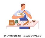 Person cooks home food from flour and eggs. Man cooking at kitchen table, preparing dough for baking in bowl. Homemade bakery preparation. Flat vector illustration isolated on white background