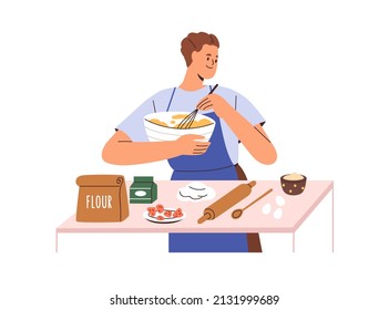 Person cooks home food from flour and eggs. Man cooking at kitchen table, preparing dough for baking in bowl. Homemade bakery preparation. Flat vector illustration isolated on white background