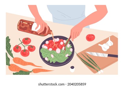A person cooks a meal at home. Fresh Vegetable Salad