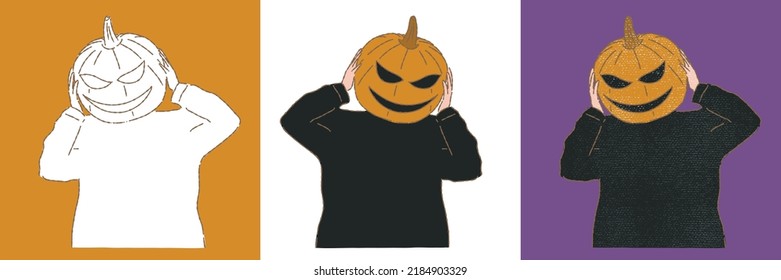 Person cosplaying as Jack o lantern. Teenager dressing up fancy costumes for Halloween party. Pumpkin head. Hand drawn flat vector illustration cartoon character isolated on white background.