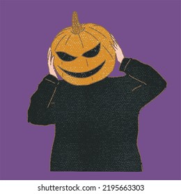 Person cosplaying as Jack o lantern. Teenager dressing up fancy costumes for Halloween party. Pumpkin head. Hand drawn flat vector illustration in colored pencil texture style.