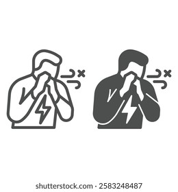 Person cough and sneeze line and solid icon, illness danger concept. Vector graphics. Man with flu virus sign on white background, outline style icon for mobile or web design