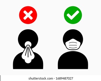 Person Coughing without Face Mask and Person with Face Mask Icons. Vector Image.