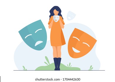 Person covering emotions, searching identity. Woman trying on carnival masks with happy or sad expressions. Vector illustration for psychology, mood changes, personality concept