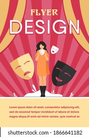 Person covering emotions, searching identity. Woman trying on carnival masks with happy or sad expressions. Vector illustration for psychology, mood changes, personality concept
