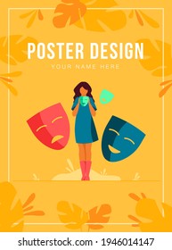 Person covering emotions, searching identity. Woman trying on carnival masks with happy or sad expressions. Vector illustration for psychology, mood changes, personality concept