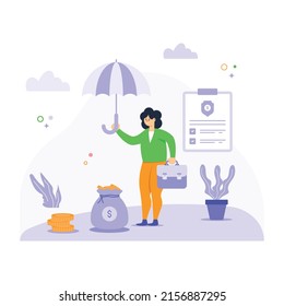 Person covering money bag with umbrella, concept of money insurance flat illustration 

