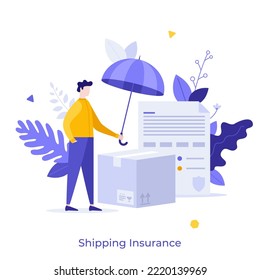 Person covering parcels in boxes with umbrella. Concept of cargo insurance, risk management, safe packaging, secure delivery, safety of shipment. Modern flat vector illustration for banner, poster.