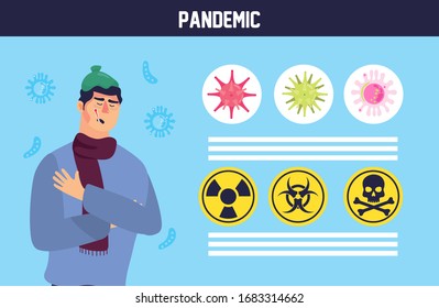 person with covid 19 particle and caution signals vector illustration design