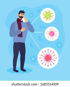 person with covid 19 particle character vector illustration design