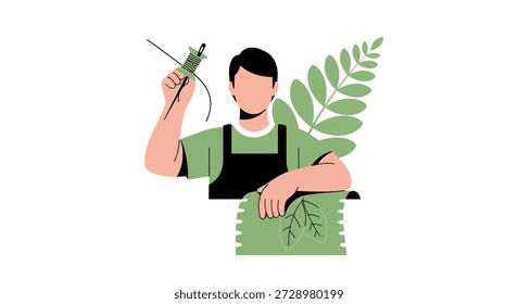 Person crafting with string, greenery