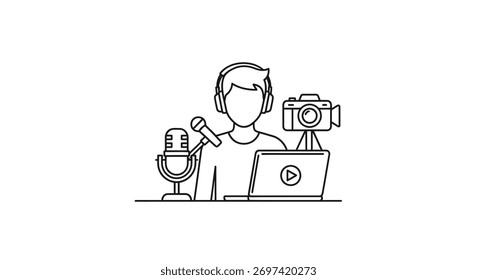 A person creating content with a microphone camera and laptop setup
