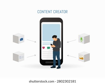 Person creating digital content for online platforms using photography, writing, audio recording, and visual media. Vector illustration representing content creation, creator economy, social media publishing, and digital communication.