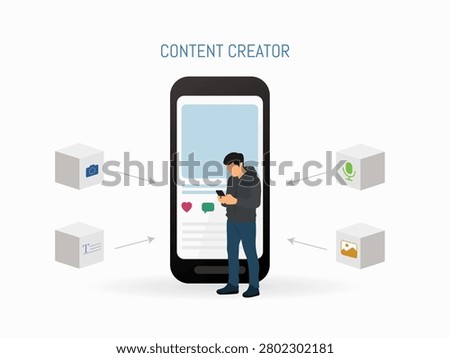Person creating digital content for online platforms using photography, writing, audio recording, and visual media. Vector illustration representing content creation, creator economy, social media publishing, and digital communication.