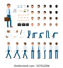 Person creation set. Man with bag and list of paper. Icons with different types of faces, emotions, clothes. Front, side, back view of male person. Moving arms, legs. Glasses. Envelopes. Vector